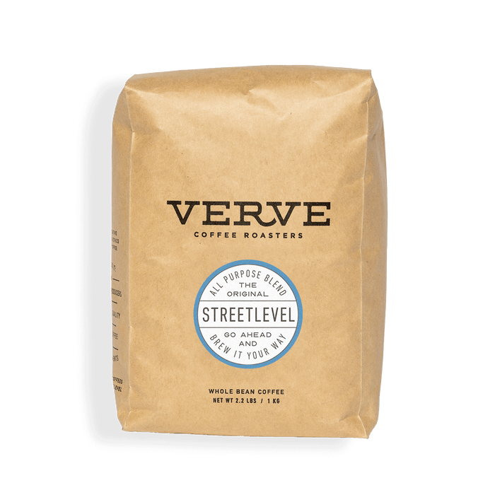 Streetlevel coffee bag in kraft paper with circular Streetlevel label and Verve branding 2.2 lb