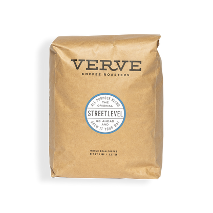 Streetlevel coffee bag in brown paper packaging with Verve branding and round Streetlevel label