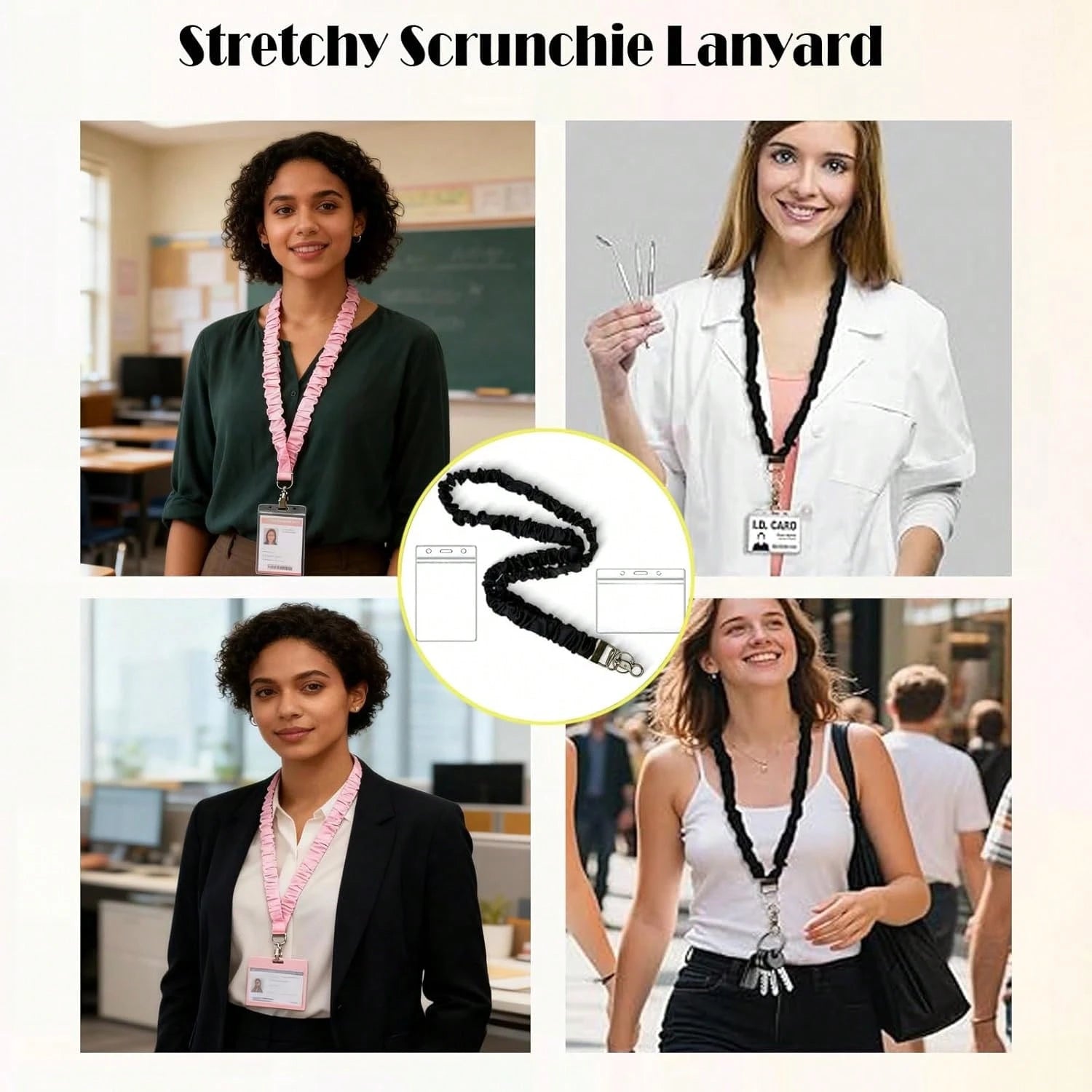 Stretchy Scrunchie Lanyard For ID Badges Keys, Teacher Lanyard With ID Holder Retractable Design For Women Ladies