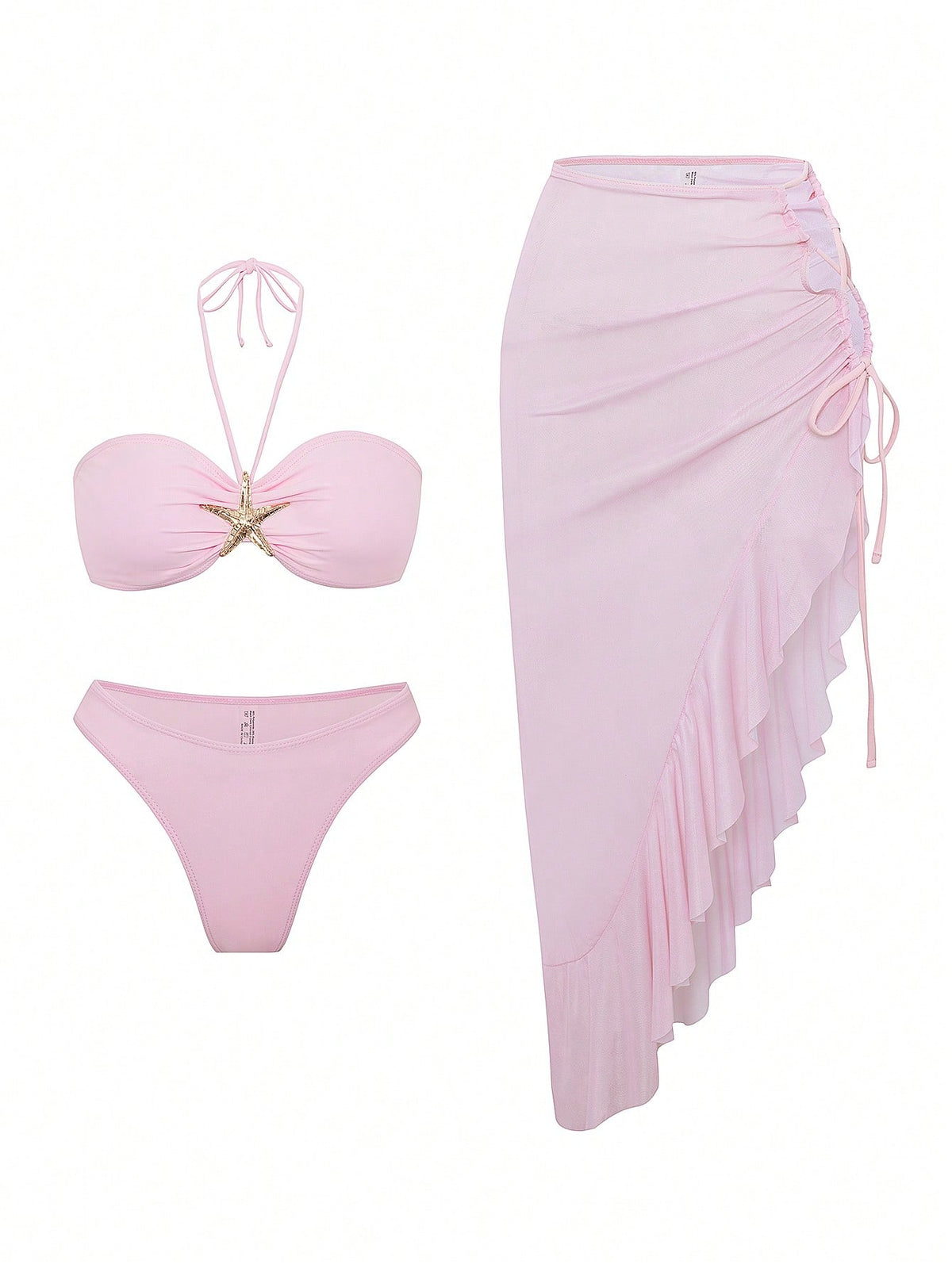 Sultry Sol Cute Ocean Elements Shell, Starfish Decor Casual Going Out, Beach Holiday, Beach Party Solid Color Ruffles Fitted Asymmetrical Drawstring Swimwear
