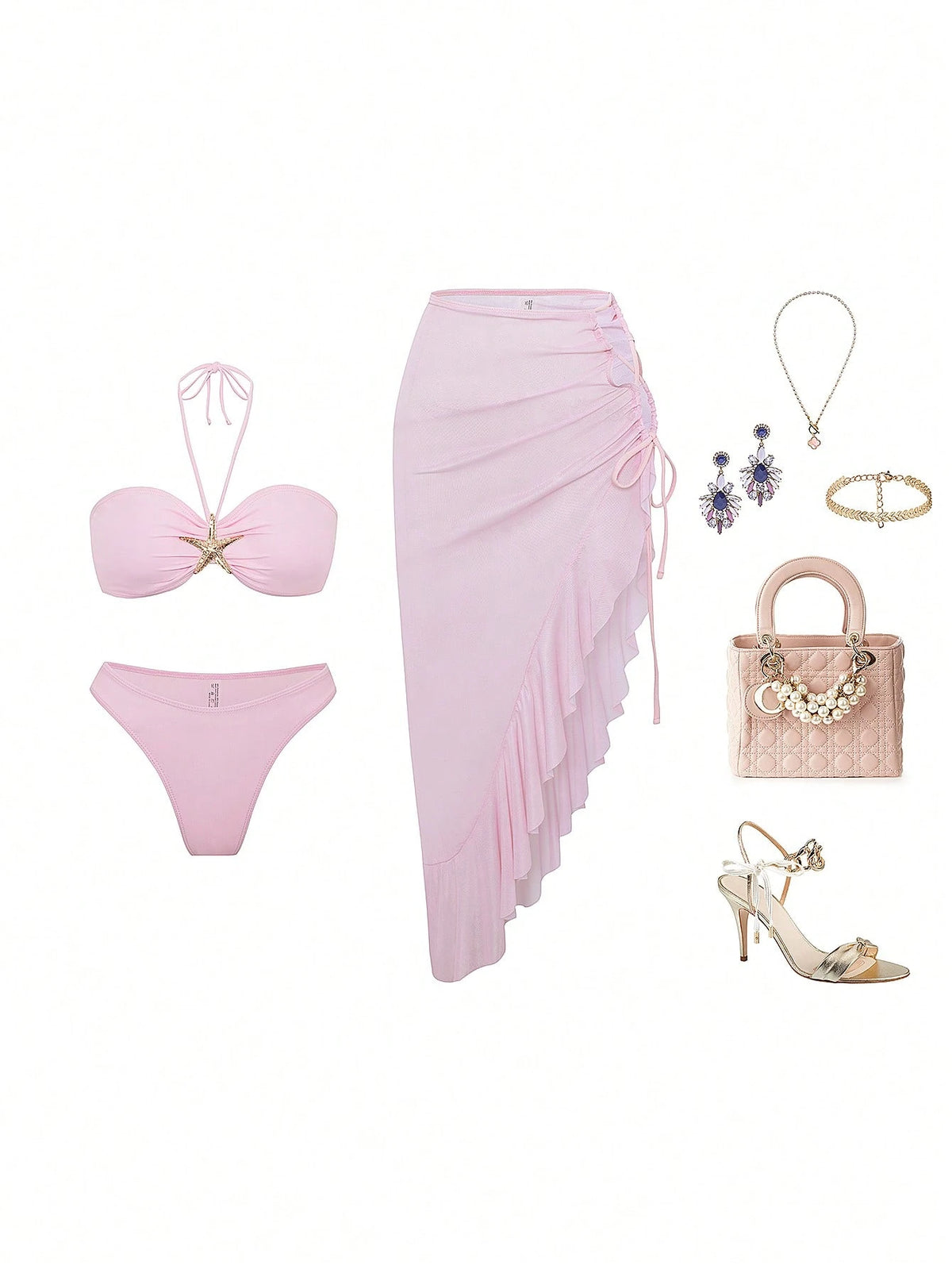 Sultry Sol Cute Ocean Elements Shell, Starfish Decor Casual Going Out, Beach Holiday, Beach Party Solid Color Ruffles Fitted Asymmetrical Drawstring Swimwear