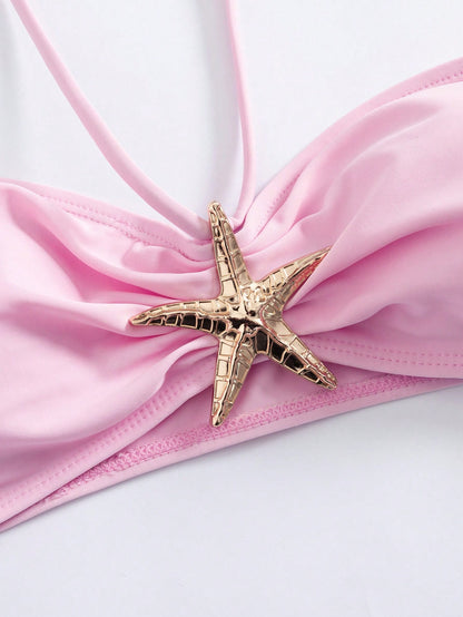 Sultry Sol Cute Ocean Elements Shell, Starfish Decor Casual Going Out, Beach Holiday, Beach Party Solid Color Ruffles Fitted Asymmetrical Drawstring Swimwear