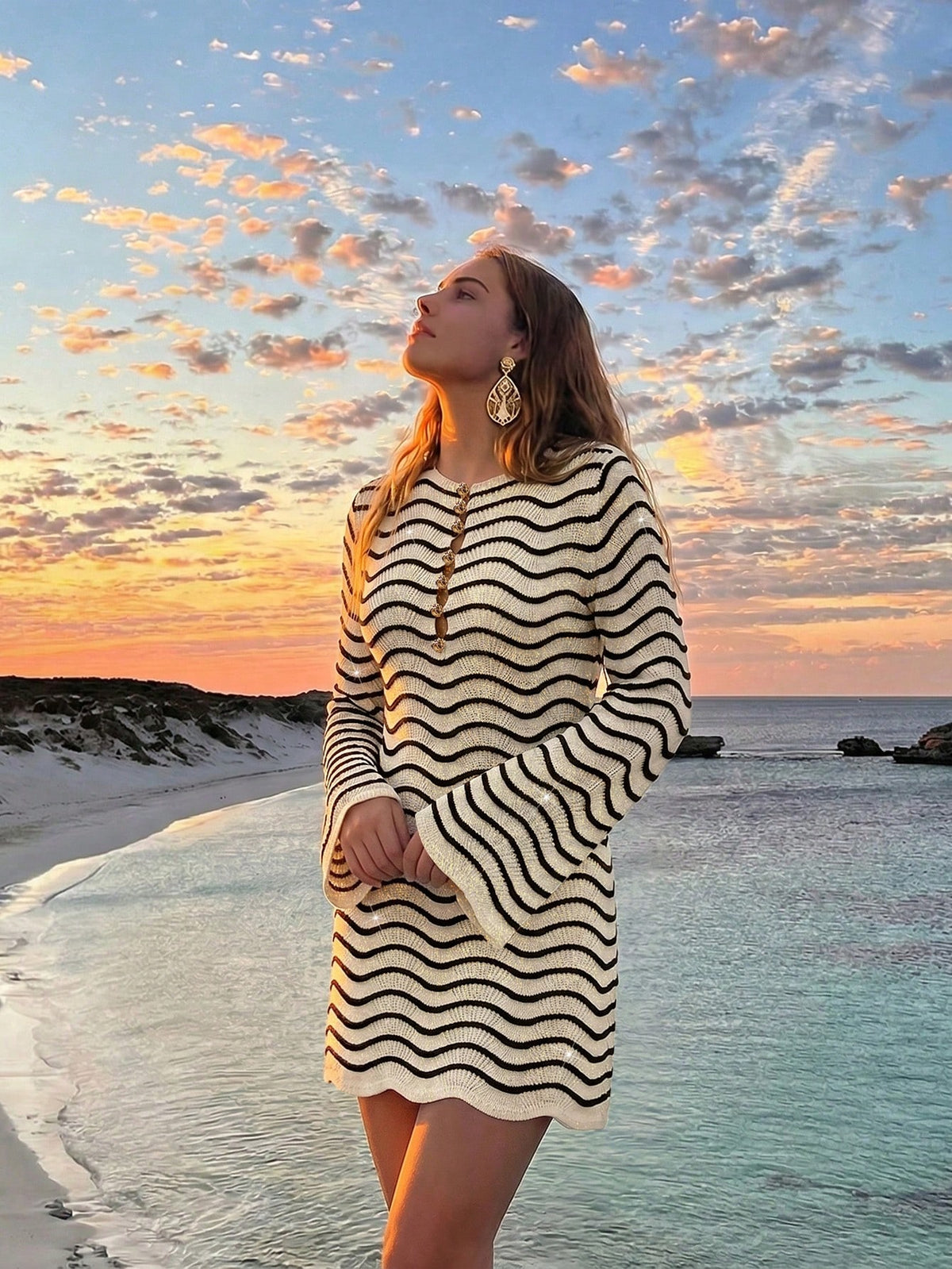 Sultry Sol Women's Summer/Autumn Dress New Bohemian Style Casual Colorblock Striped Hollow-Out Sexy Sheer Metal Buckle Decor Long Sleeve Knit Cropped Vacation