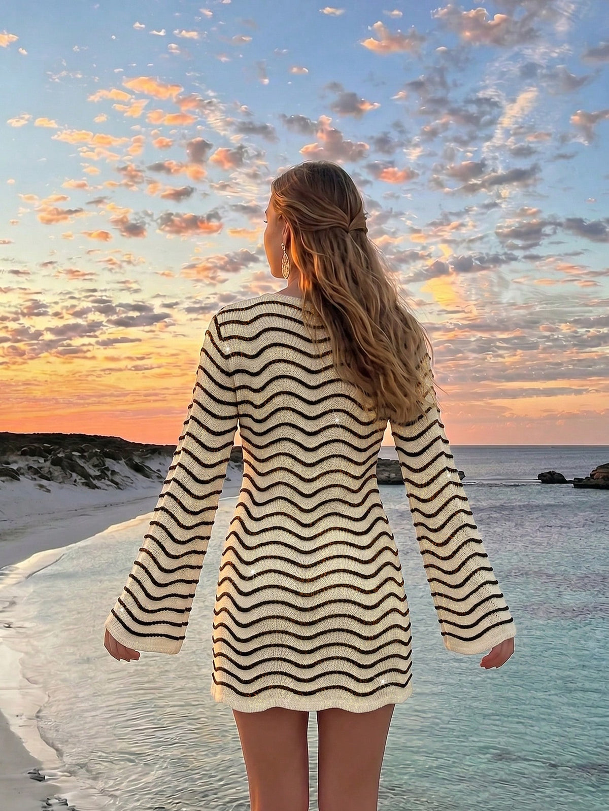 Sultry Sol Women's Summer/Autumn Dress New Bohemian Style Casual Colorblock Striped Hollow-Out Sexy Sheer Metal Buckle Decor Long Sleeve Knit Cropped Vacation