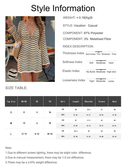 Sultry Sol Women's Summer/Autumn Dress New Bohemian Style Casual Colorblock Striped Hollow-Out Sexy Sheer Metal Buckle Decor Long Sleeve Knit Cropped Vacation