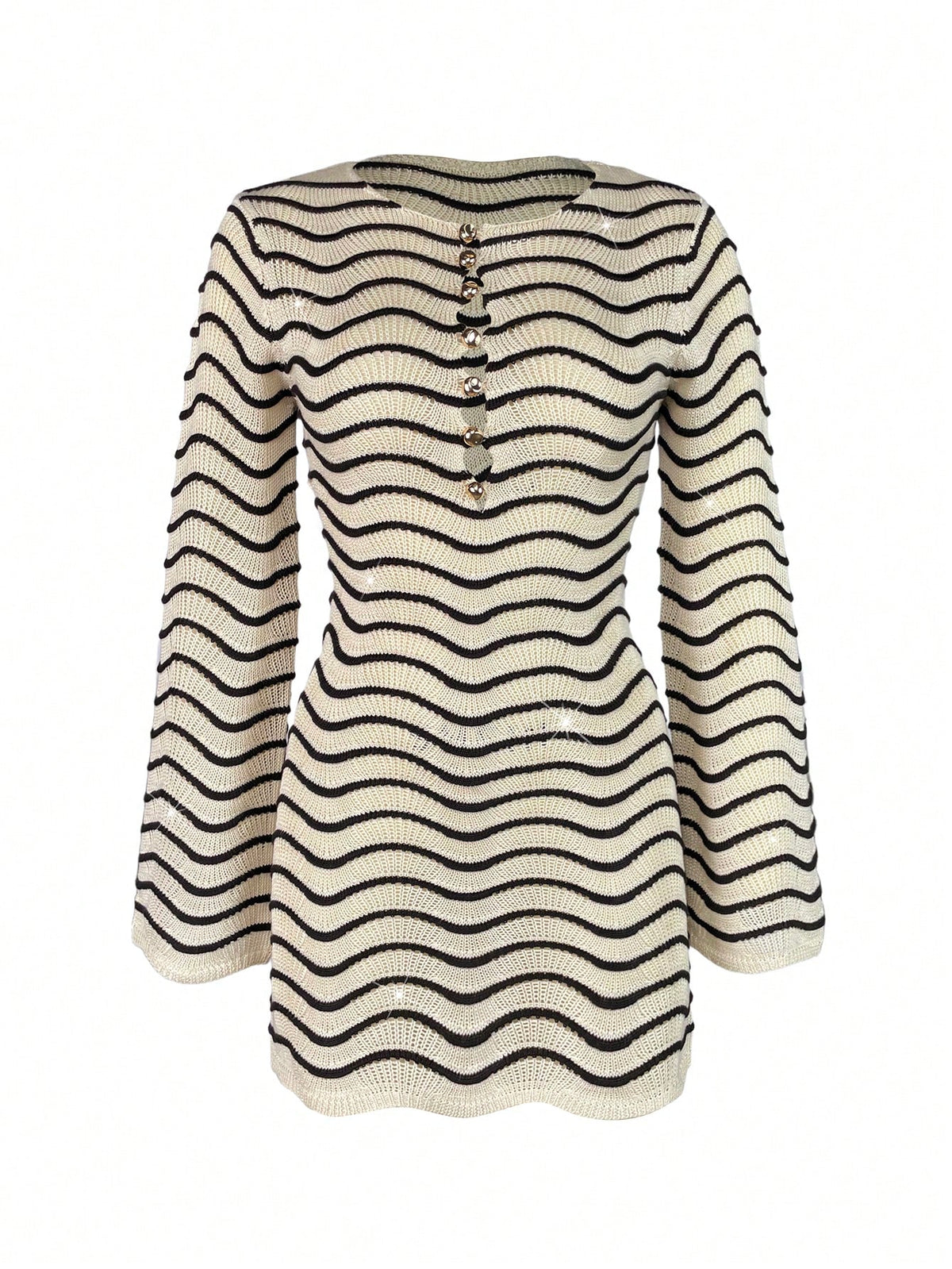 Sultry Sol Women's Summer/Autumn Dress New Bohemian Style Casual Colorblock Striped Hollow-Out Sexy Sheer Metal Buckle Decor Long Sleeve Knit Cropped Vacation