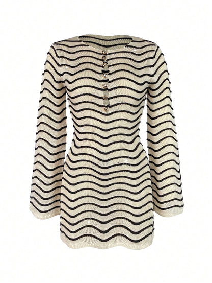 Sultry Sol Women's Summer/Autumn Dress New Bohemian Style Casual Colorblock Striped Hollow-Out Sexy Sheer Metal Buckle Decor Long Sleeve Knit Cropped Vacation