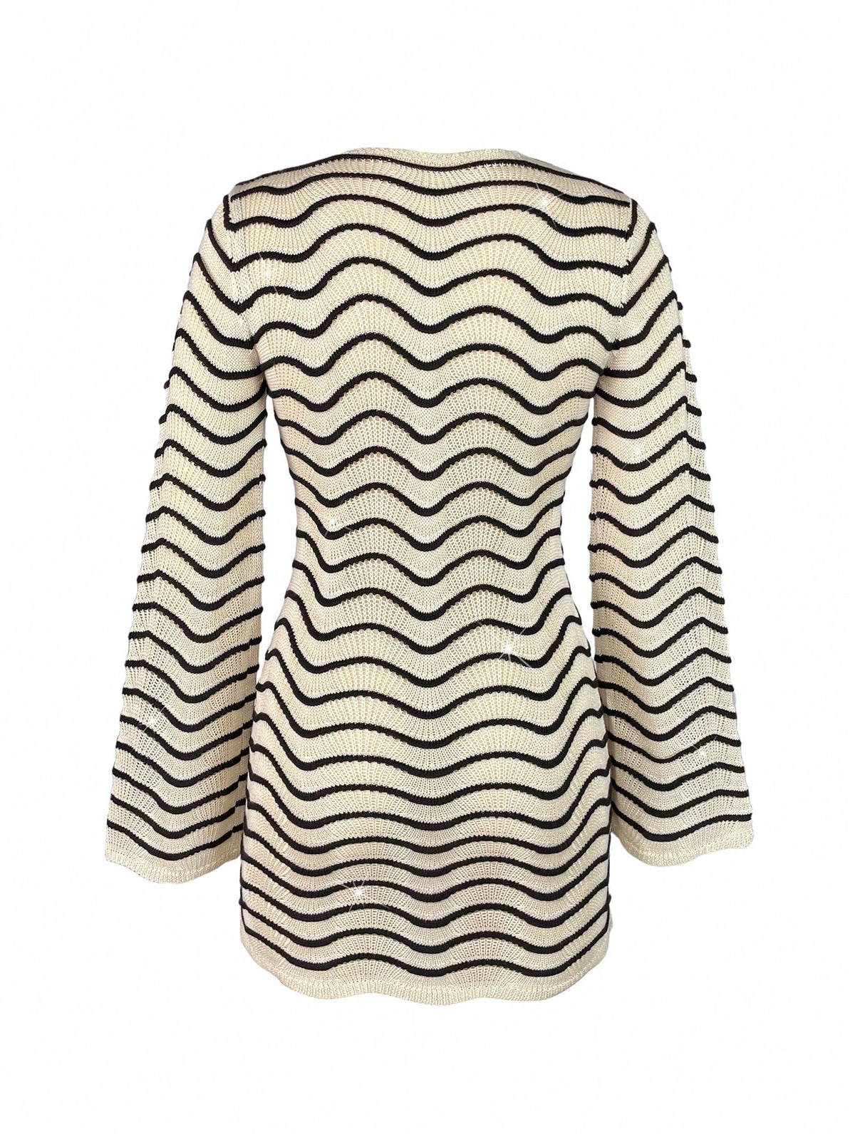 Sultry Sol Women's Summer/Autumn Dress New Bohemian Style Casual Colorblock Striped Hollow-Out Sexy Sheer Metal Buckle Decor Long Sleeve Knit Cropped Vacation