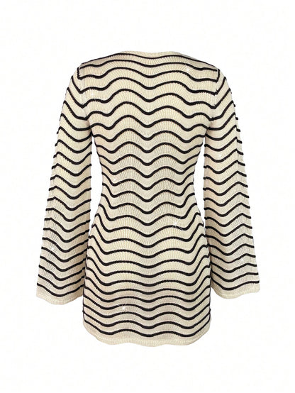 Sultry Sol Women's Summer/Autumn Dress New Bohemian Style Casual Colorblock Striped Hollow-Out Sexy Sheer Metal Buckle Decor Long Sleeve Knit Cropped Vacation