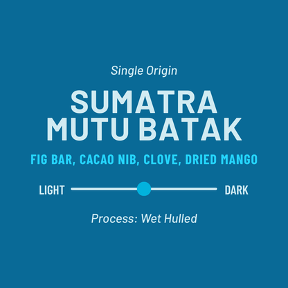 Sumatra Mutu Batak single origin label with wet hulled process and notes fig bar cacao nib clove dried mango and a roast level slider