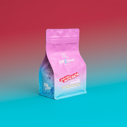 Pantan Musara Sumatra coffee bag against a red background, pink front view.