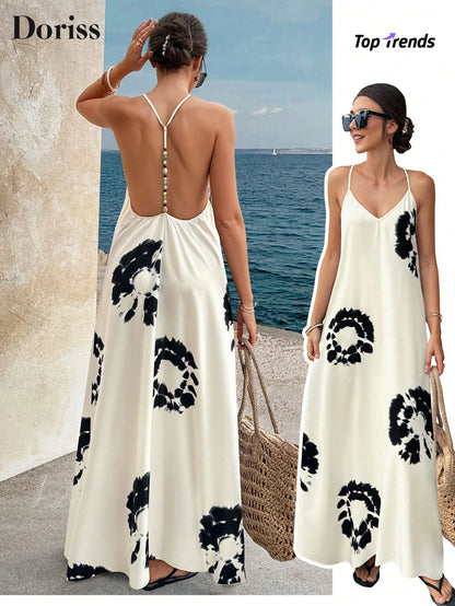 Summer Apricot Background Black Floral Backless Beaded Print Dress, Bohemian Party Style, Vacation & Daily Wear Elegant