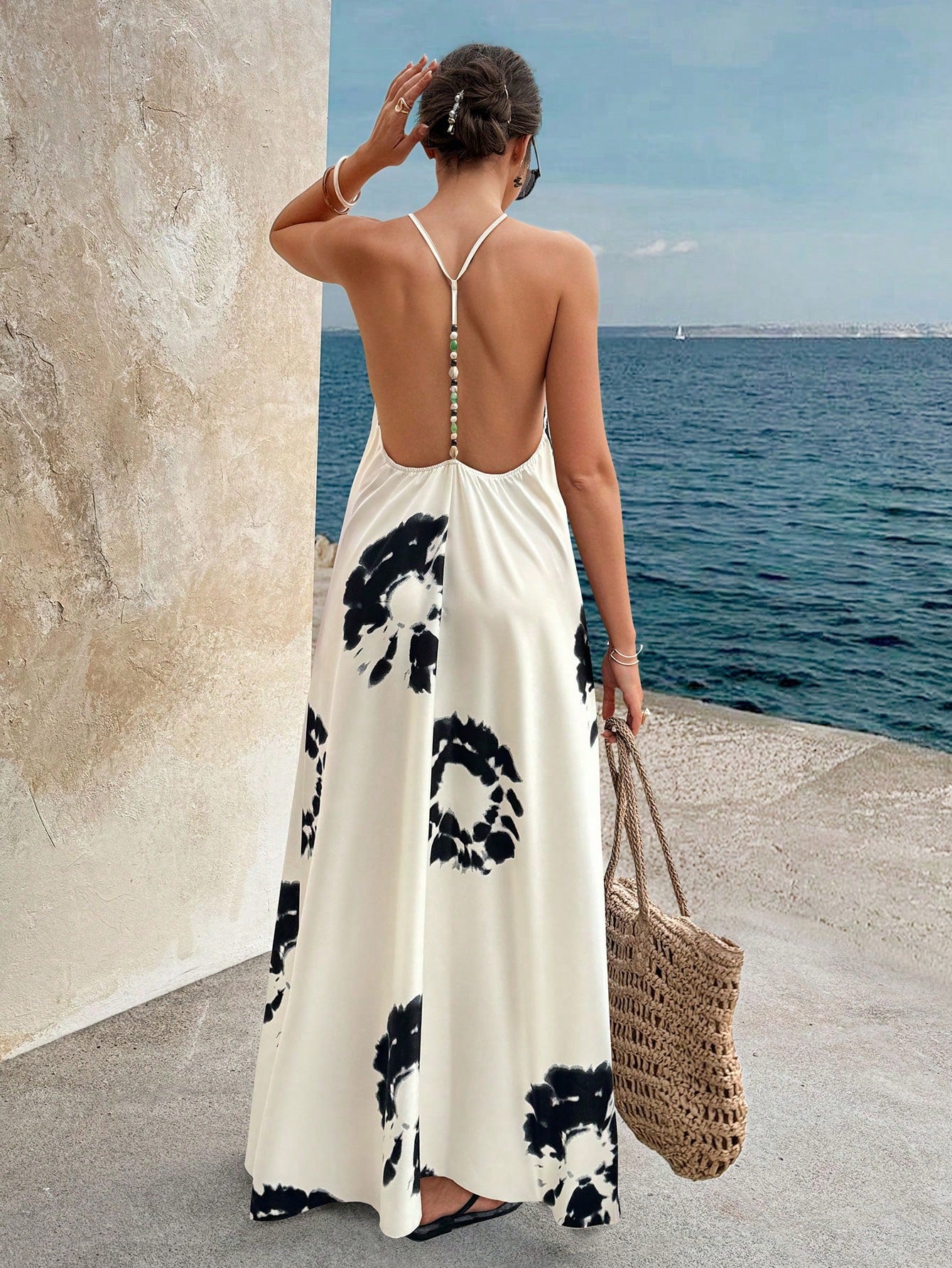 Summer Apricot Background Black Floral Backless Beaded Print Dress, Bohemian Party Style, Vacation & Daily Wear Elegant