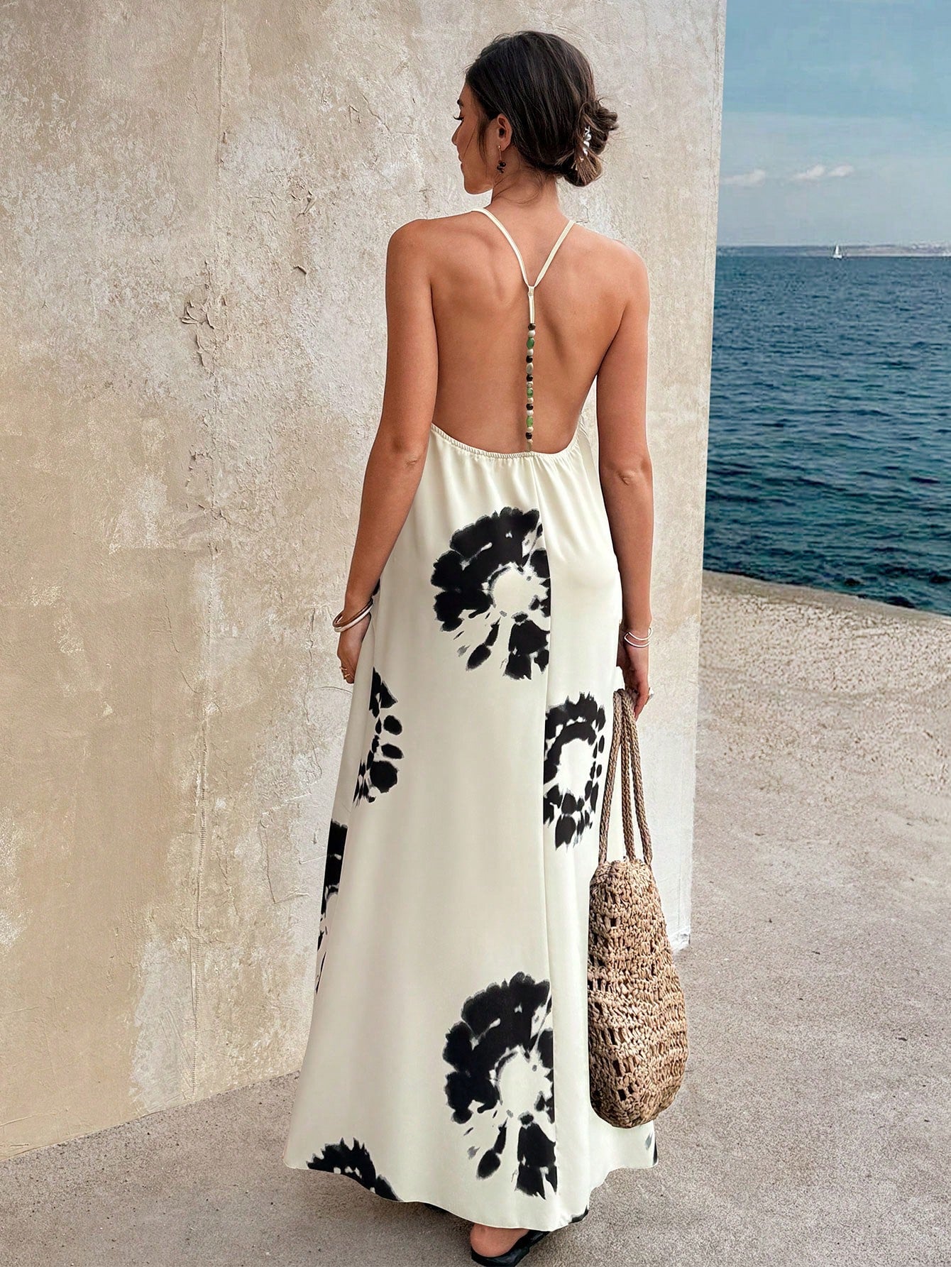Summer Apricot Background Black Floral Backless Beaded Print Dress, Bohemian Party Style, Vacation & Daily Wear Elegant
