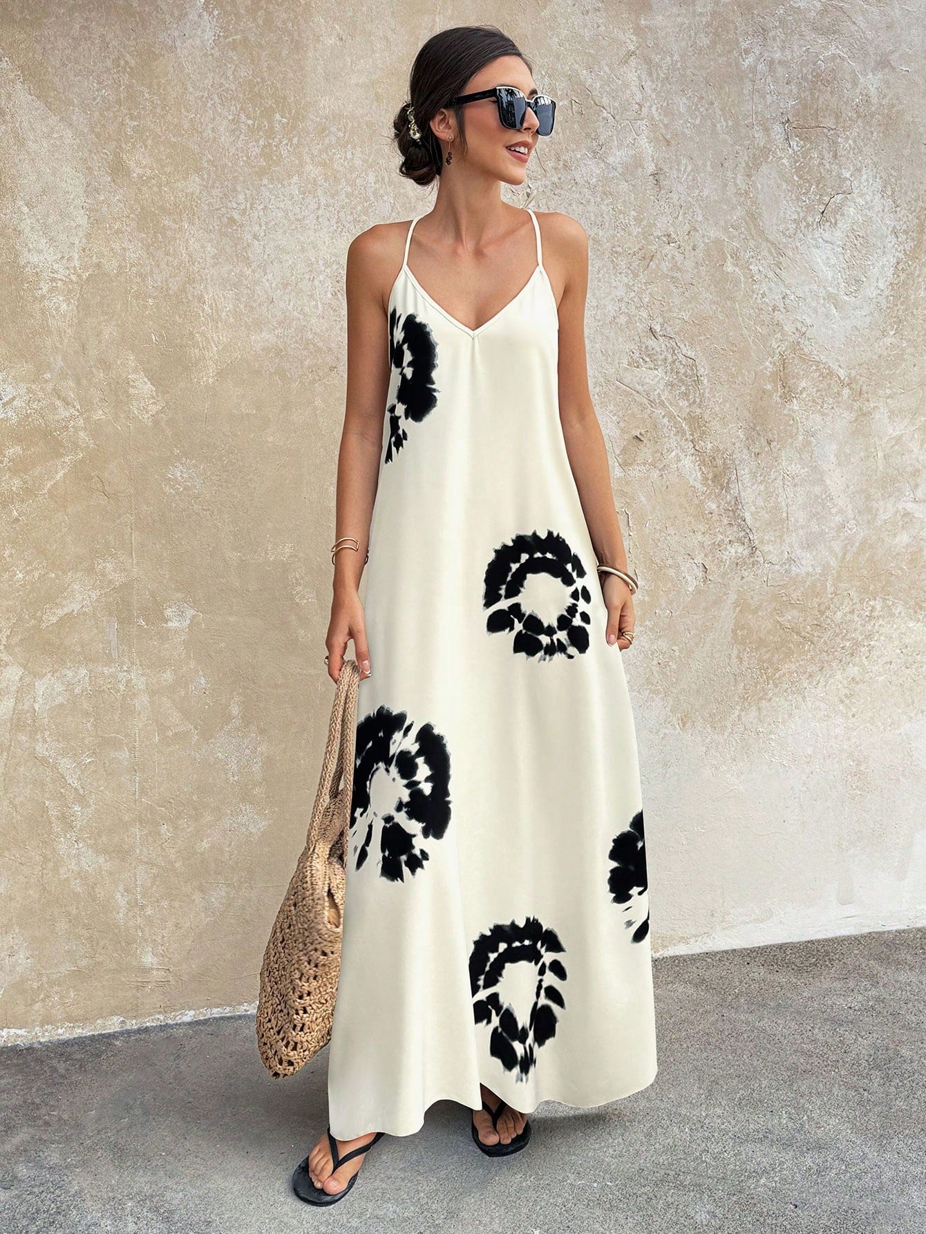 Summer Apricot Background Black Floral Backless Beaded Print Dress, Bohemian Party Style, Vacation & Daily Wear Elegant