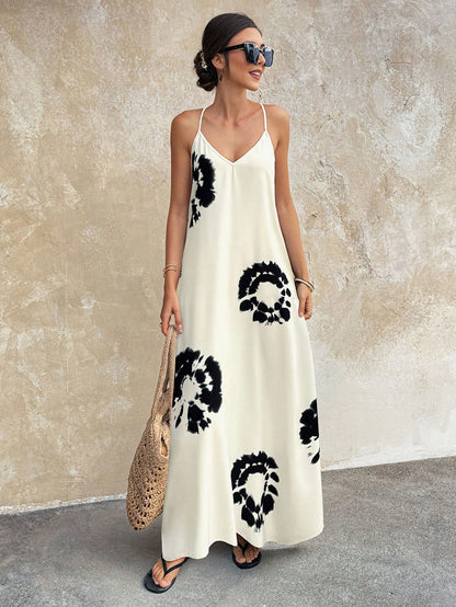 Summer Apricot Background Black Floral Backless Beaded Print Dress, Bohemian Party Style, Vacation & Daily Wear Elegant