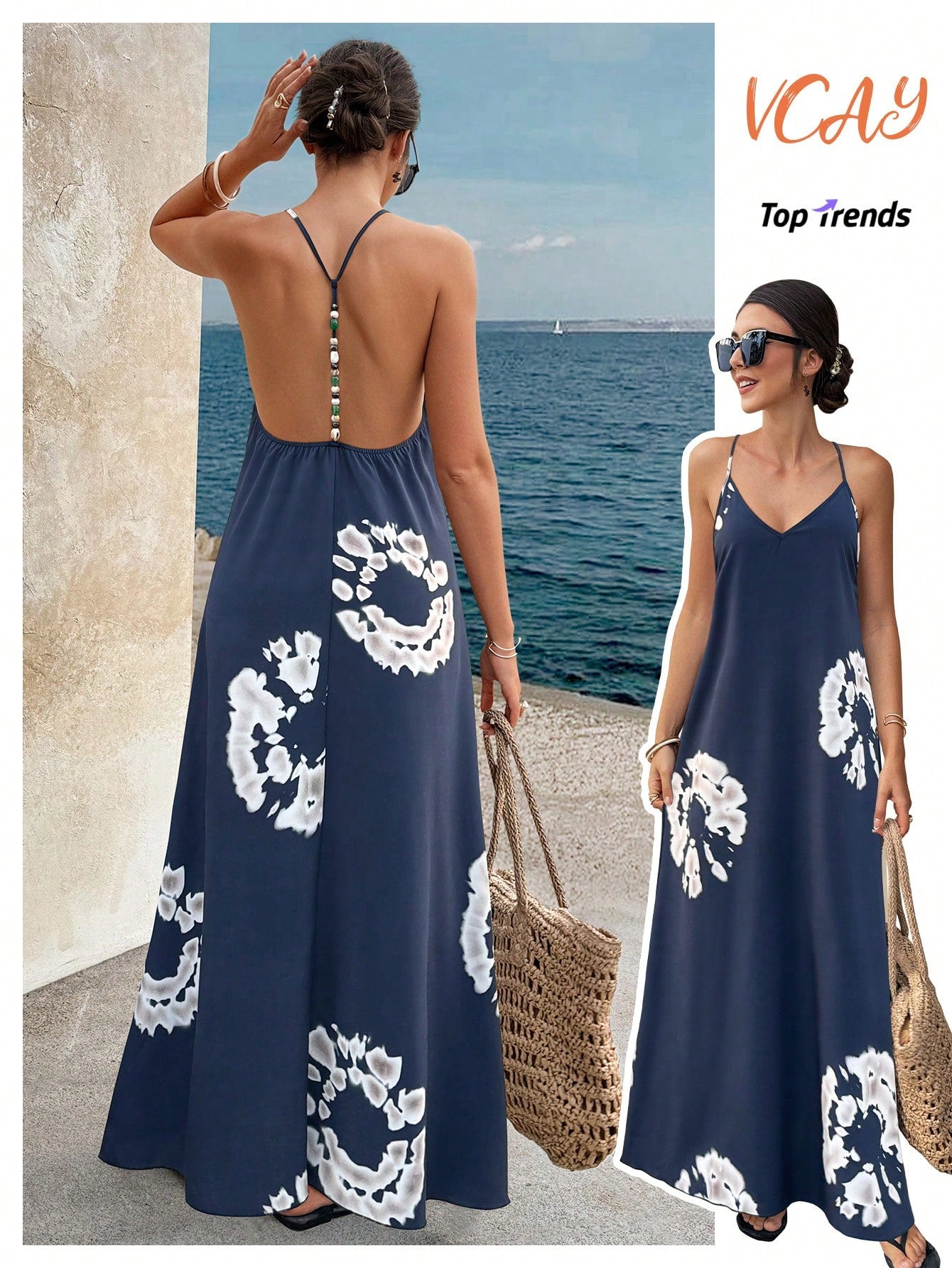 Summer Apricot Background Black Floral Backless Beaded Print Dress, Bohemian Party Style, Vacation & Daily Wear Elegant
