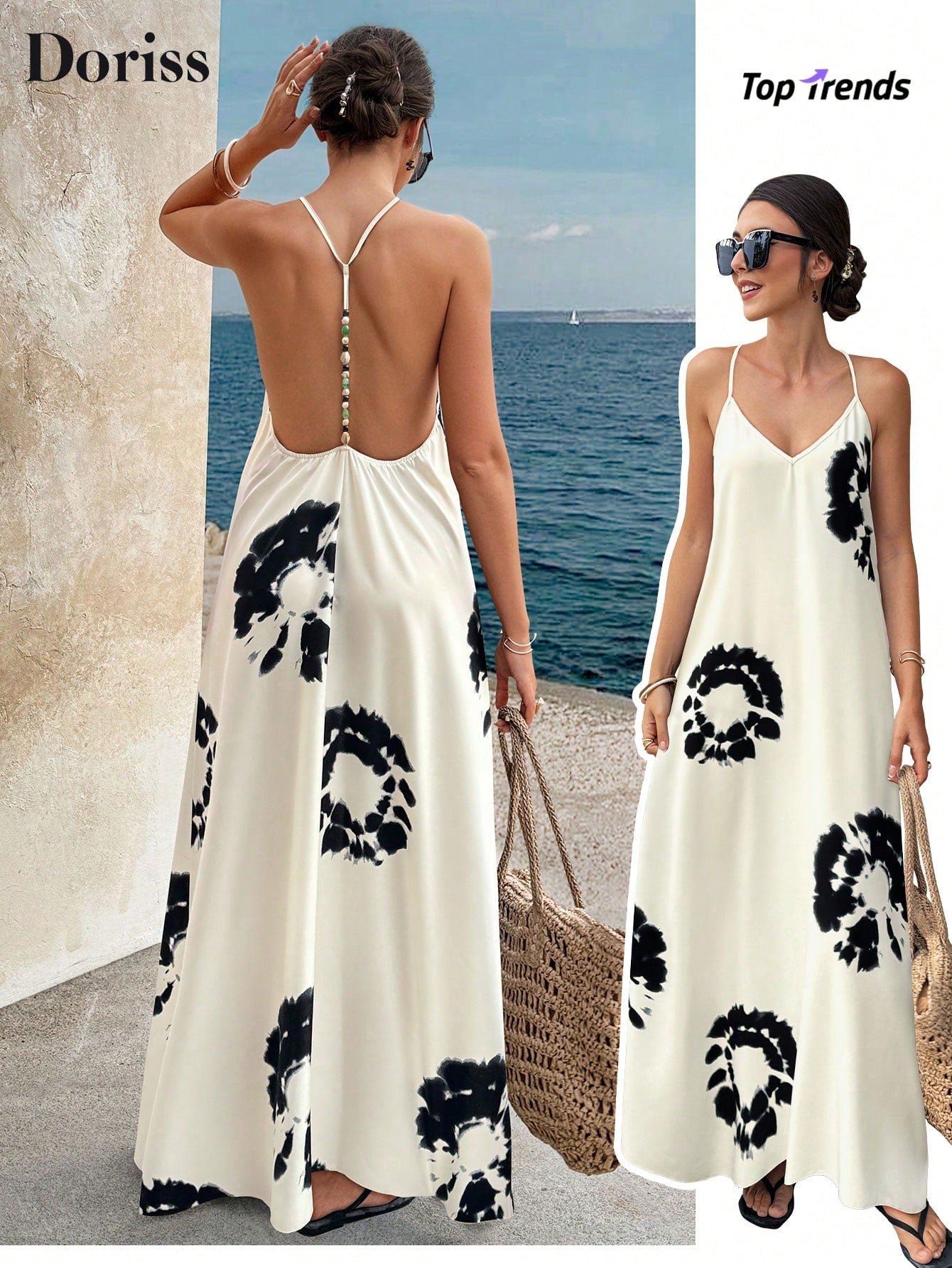 Summer Apricot Background Black Floral Backless Beaded Print Dress, Bohemian Party Style, Vacation & Daily Wear Elegant