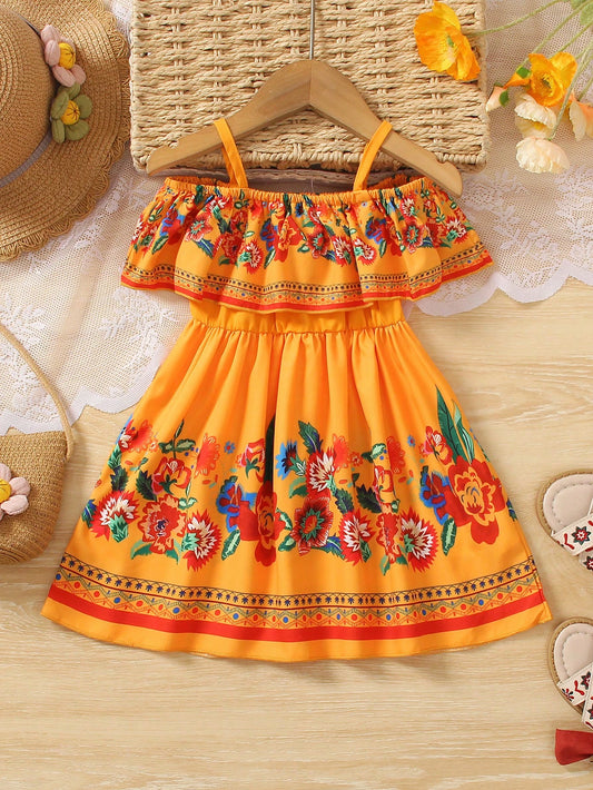Summer Baby Girl Cold Shoulder Mexican Sundress For Dress Floral Orange Dress​Holiday Mommy And Me Matching Mom Daughter