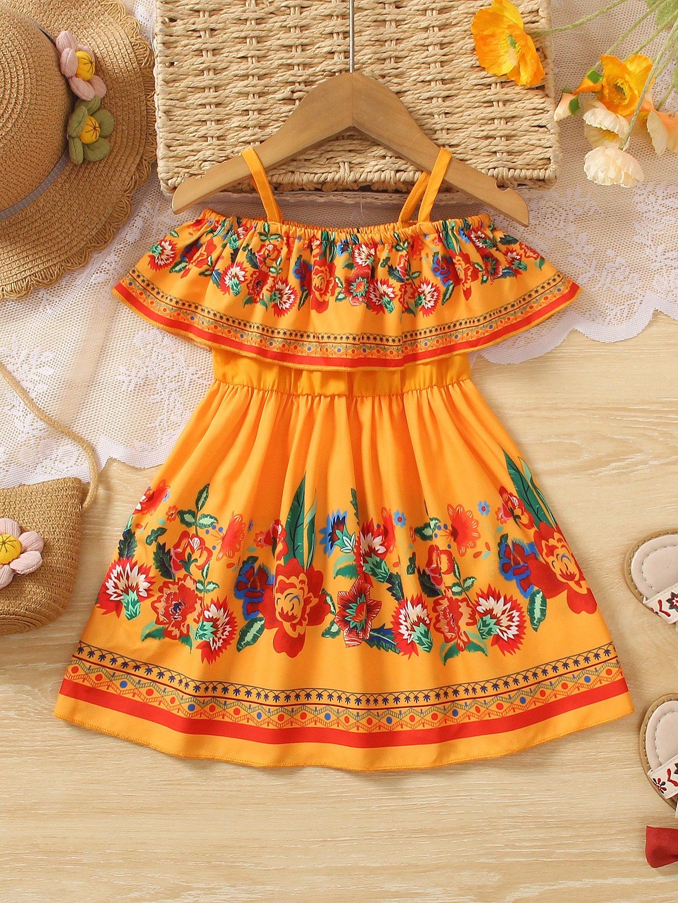 Summer Baby Girl Cold Shoulder Mexican Sundress For Dress Floral Orange Dress​Holiday Mommy And Me Matching Mom Daughter
