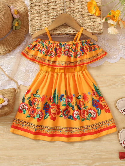 Summer Baby Girl Cold Shoulder Mexican Sundress For Dress Floral Orange Dress​Holiday Mommy And Me Matching Mom Daughter