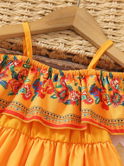 Summer Baby Girl Cold Shoulder Mexican Sundress For Dress Floral Orange Dress​Holiday Mommy And Me Matching Mom Daughter