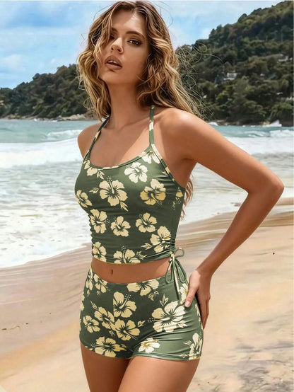 Summer Beach New 2-Piece Fashion Tankini Set, Full Coverage Tank Top With Spaghetti Straps, Floral Print, Conservative Tankini Bottoms, Elegant Beach Vacation Style Swimsuit
