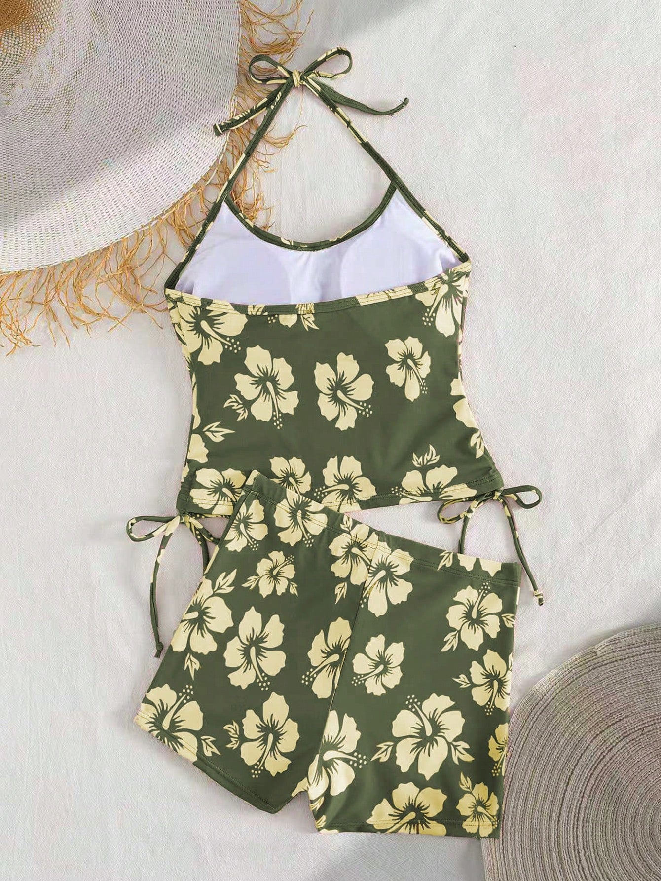 Summer Beach New 2-Piece Fashion Tankini Set, Full Coverage Tank Top With Spaghetti Straps, Floral Print, Conservative Tankini Bottoms, Elegant Beach Vacation Style Swimsuit