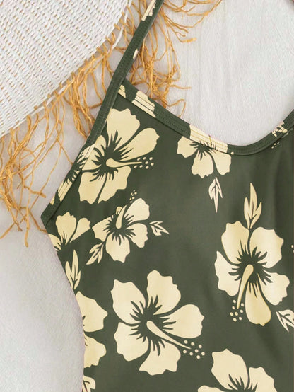 Summer Beach New 2-Piece Fashion Tankini Set, Full Coverage Tank Top With Spaghetti Straps, Floral Print, Conservative Tankini Bottoms, Elegant Beach Vacation Style Swimsuit