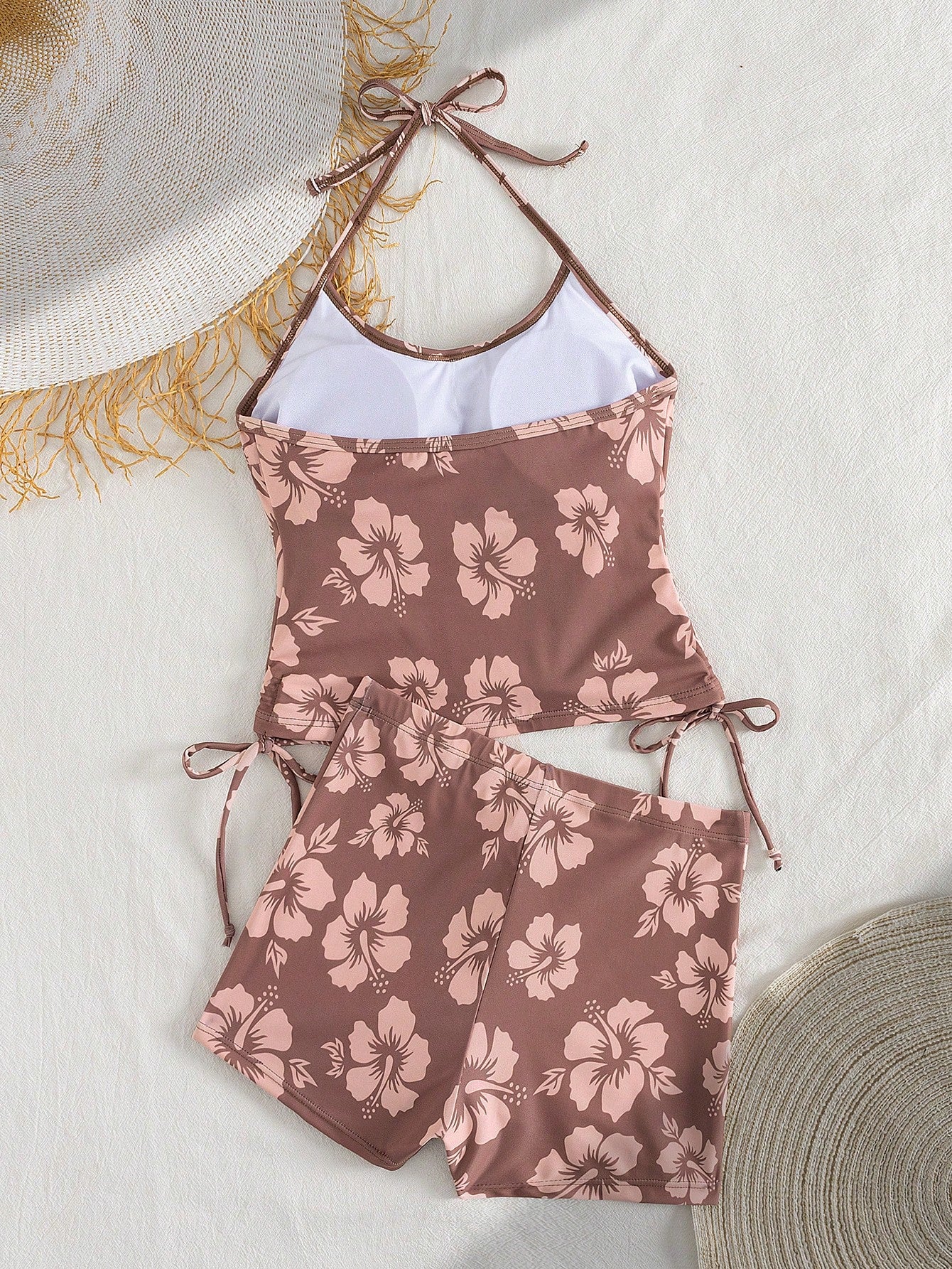 Summer Beach New 2-Piece Fashion Tankini Set, Full Coverage Tank Top With Spaghetti Straps, Floral Print, Conservative Tankini Bottoms, Elegant Beach Vacation Style Swimsuit