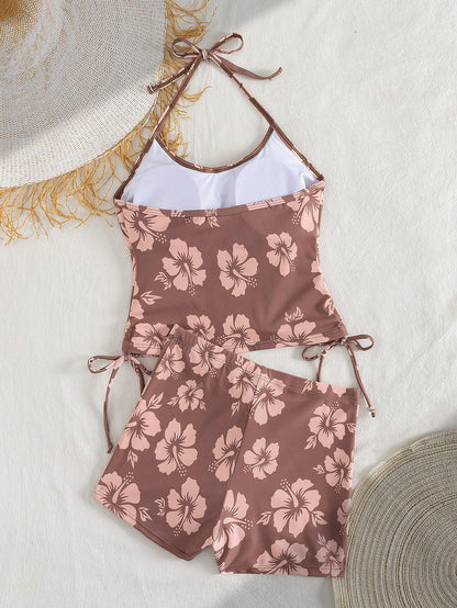 Summer Beach New 2-Piece Fashion Tankini Set, Full Coverage Tank Top With Spaghetti Straps, Floral Print, Conservative Tankini Bottoms, Elegant Beach Vacation Style Swimsuit