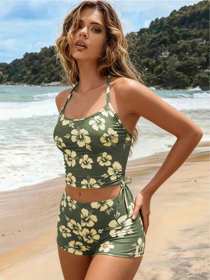Summer Beach New 2-Piece Fashion Tankini Set, Full Coverage Tank Top With Spaghetti Straps, Floral Print, Conservative Tankini Bottoms, Elegant Beach Vacation Style Swimsuit