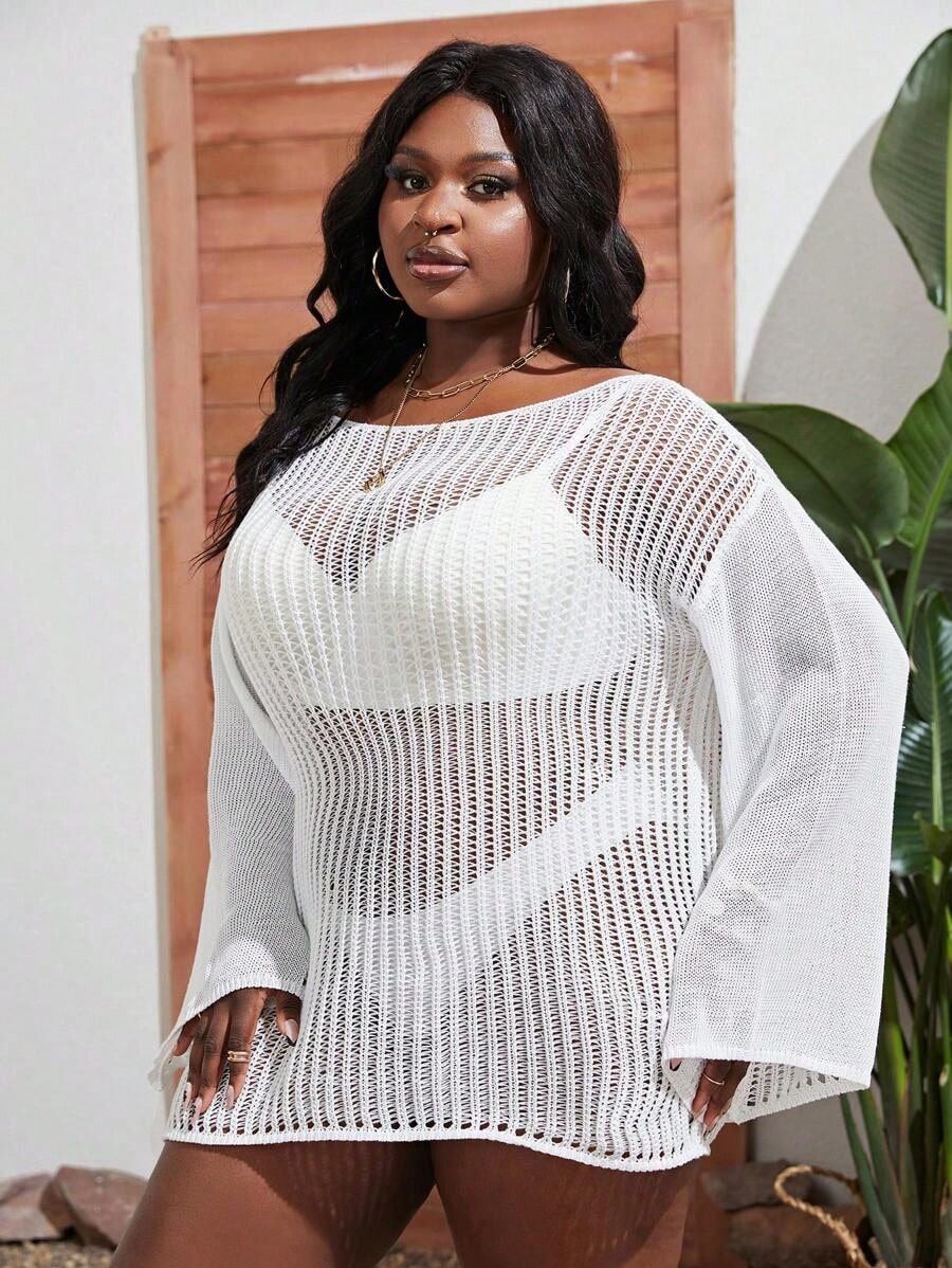 Summer Beach Plus Hollow Out Drop Shoulder Cover Up Dress Without Bikini Set