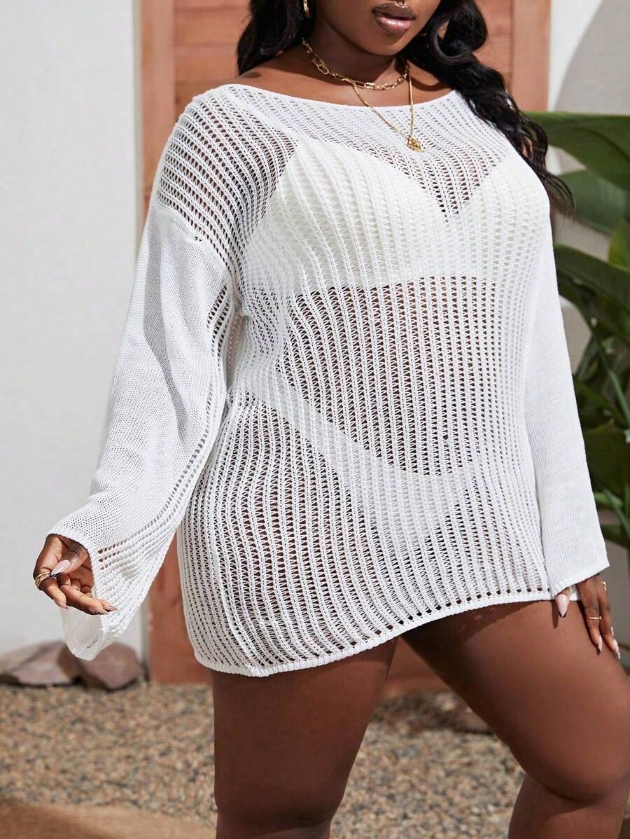 Summer Beach Plus Hollow Out Drop Shoulder Cover Up Dress Without Bikini Set