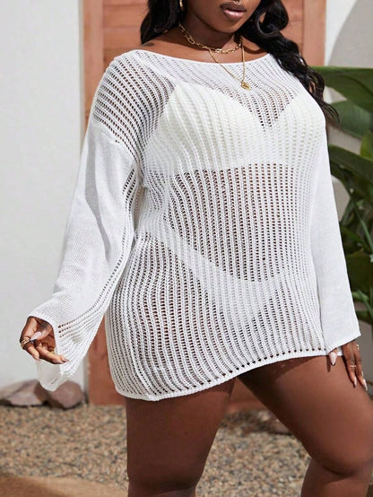 Summer Beach Plus Hollow Out Drop Shoulder Cover Up Dress Without Bikini Set