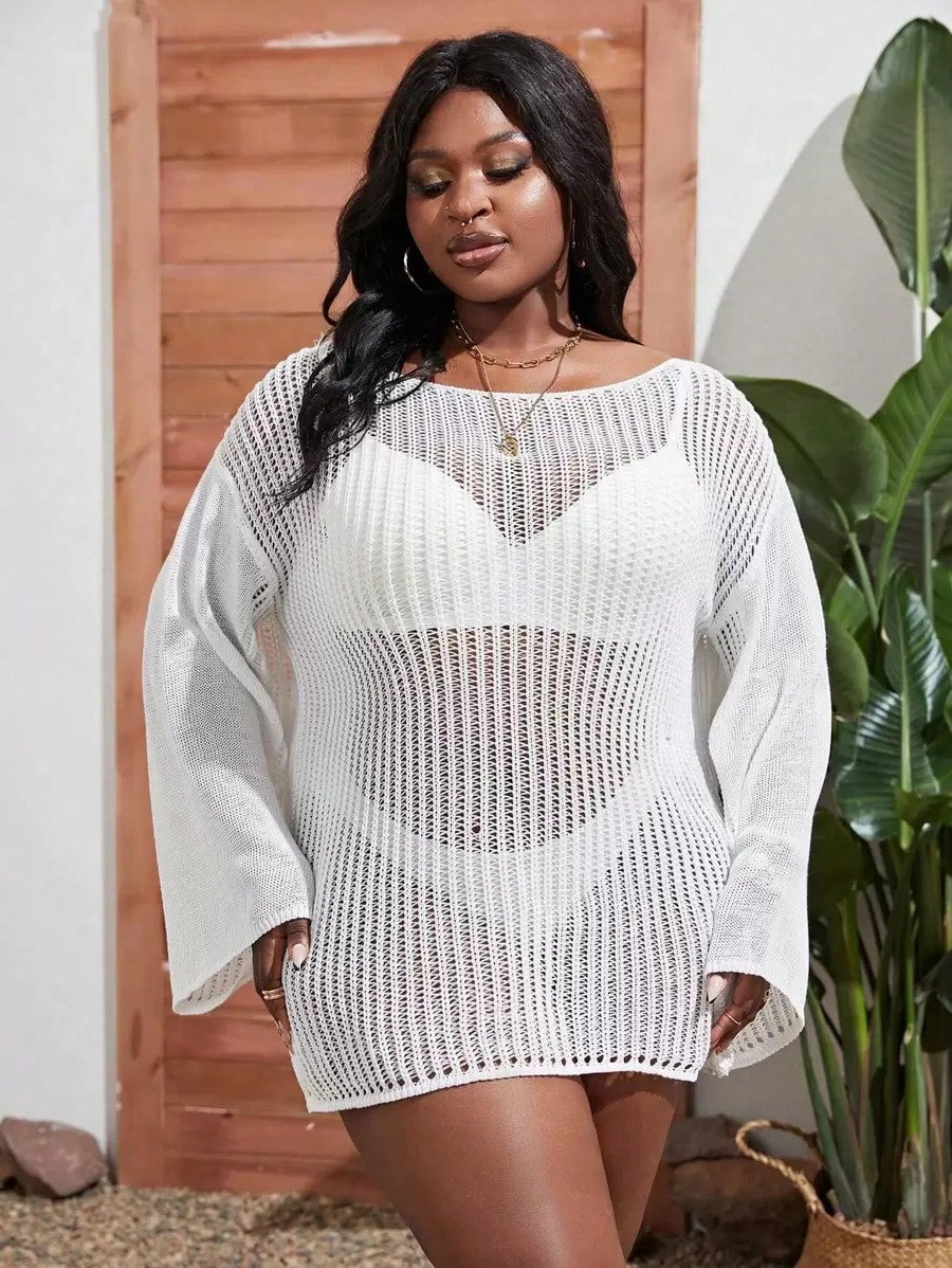 Summer Beach Plus Hollow Out Drop Shoulder Cover Up Dress Without Bikini Set