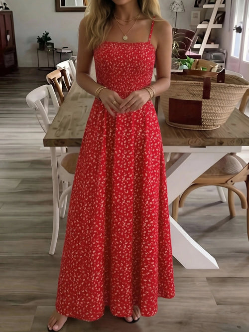 Summer Ditsy Floral Spaghetti Strap Midi Dress, Cinched Waist Flare Dress Suitable For Casual Vacation, Spring/Autumn Commute & Home, Date, Party, Beach, Elegant Summer Dress, Women Ditsy Floral Maxi