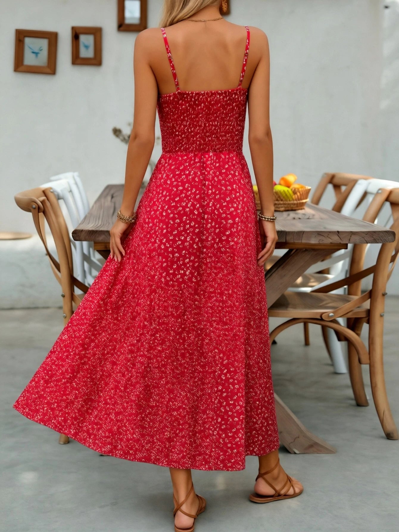 Summer Ditsy Floral Spaghetti Strap Midi Dress, Cinched Waist Flare Dress Suitable For Casual Vacation, Spring/Autumn Commute & Home, Date, Party, Beach, Elegant Summer Dress, Women Ditsy Floral Maxi