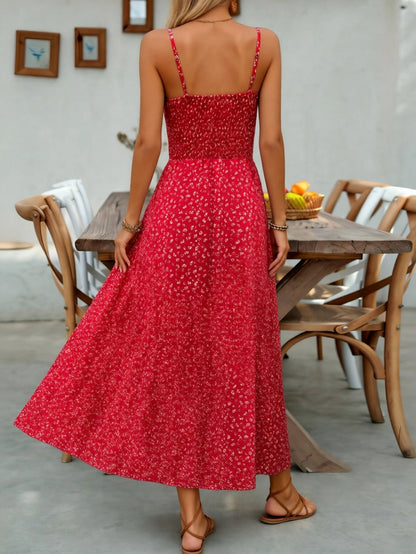 Summer Ditsy Floral Spaghetti Strap Midi Dress, Cinched Waist Flare Dress Suitable For Casual Vacation, Spring/Autumn Commute & Home, Date, Party, Beach, Elegant Summer Dress, Women Ditsy Floral Maxi