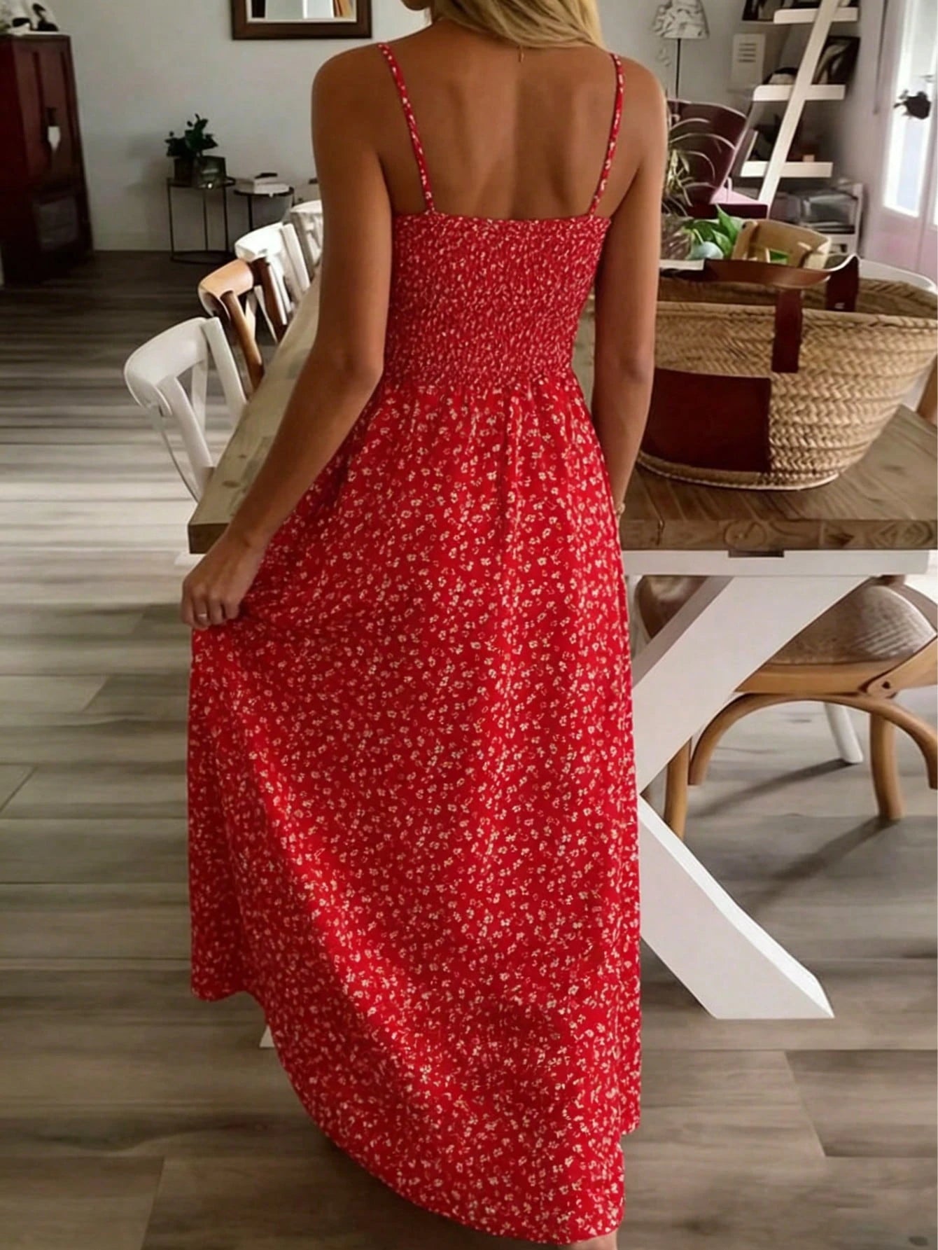 Summer Ditsy Floral Spaghetti Strap Midi Dress, Cinched Waist Flare Dress Suitable For Casual Vacation, Spring/Autumn Commute & Home, Date, Party, Beach, Elegant Summer Dress, Women Ditsy Floral Maxi