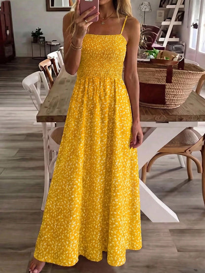 Summer Ditsy Floral Spaghetti Strap Midi Dress, Cinched Waist Flare Dress Suitable For Casual Vacation, Spring/Autumn Commute & Home, Date, Party, Beach, Elegant Summer Dress, Women Ditsy Floral Maxi