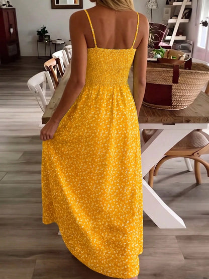 Summer Ditsy Floral Spaghetti Strap Midi Dress, Cinched Waist Flare Dress Suitable For Casual Vacation, Spring/Autumn Commute & Home, Date, Party, Beach, Elegant Summer Dress, Women Ditsy Floral Maxi