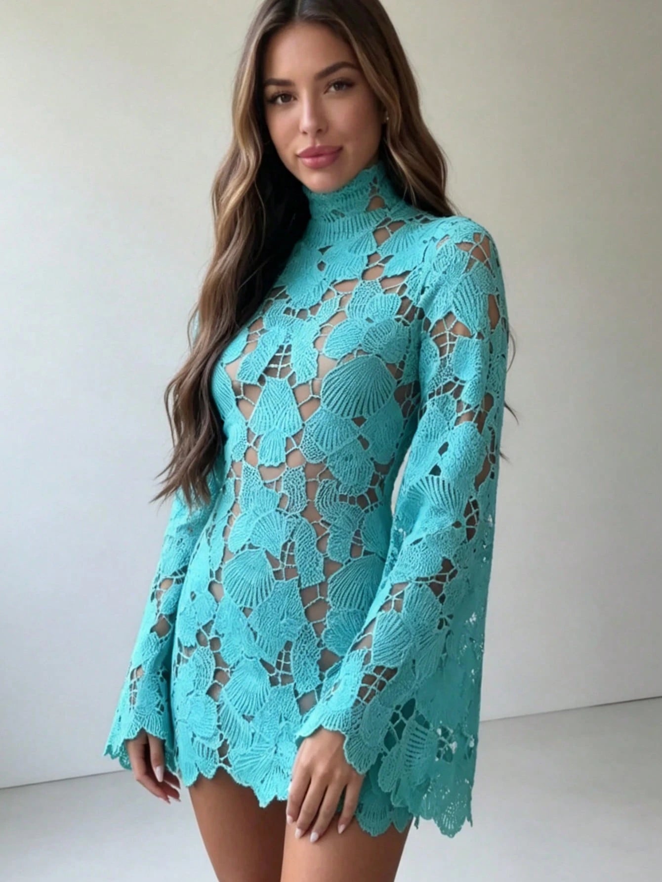 Summer Dresses For WomenWhite Hollow Out Shell Lace High Neck Flare Long Sleeve Mini Dresses For Women Elegant Sheer Short Dress For Dresses For Wome