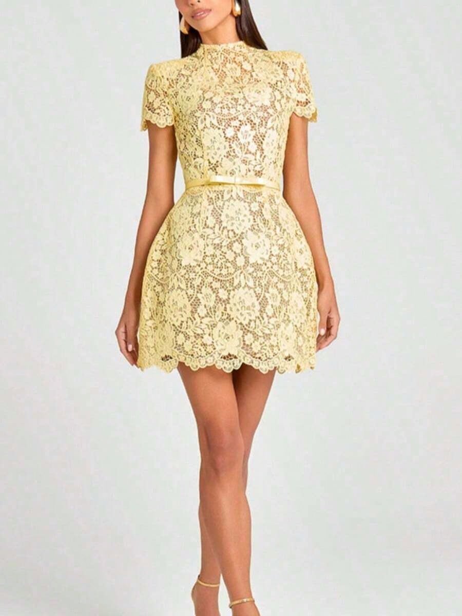 Summer Dresses For WomenWomen's Fresh Classical And Elegant Mini Dress- Yellow Sheer Floral Lace Mock Neck Short-Sleeve Ruffled Gown, Summer Fashion