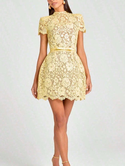 Summer Dresses For WomenWomen's Fresh Classical And Elegant Mini Dress- Yellow Sheer Floral Lace Mock Neck Short-Sleeve Ruffled Gown, Summer Fashion