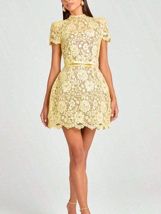 Summer Dresses For WomenWomen's Fresh Classical And Elegant Mini Dress- Yellow Sheer Floral Lace Mock Neck Short-Sleeve Ruffled Gown, Summer Fashion