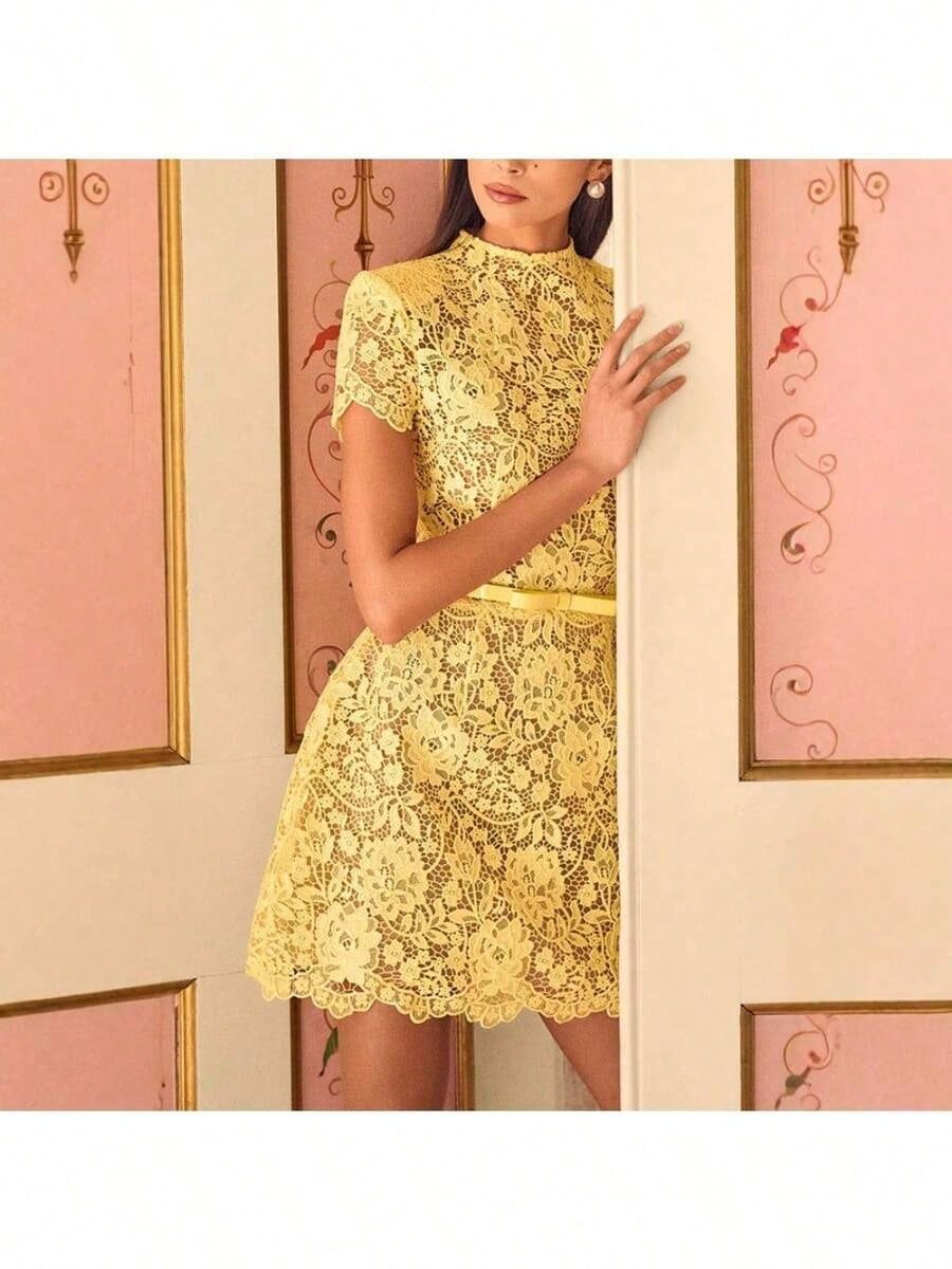 Summer Dresses For WomenWomen's Fresh Classical And Elegant Mini Dress- Yellow Sheer Floral Lace Mock Neck Short-Sleeve Ruffled Gown, Summer Fashion