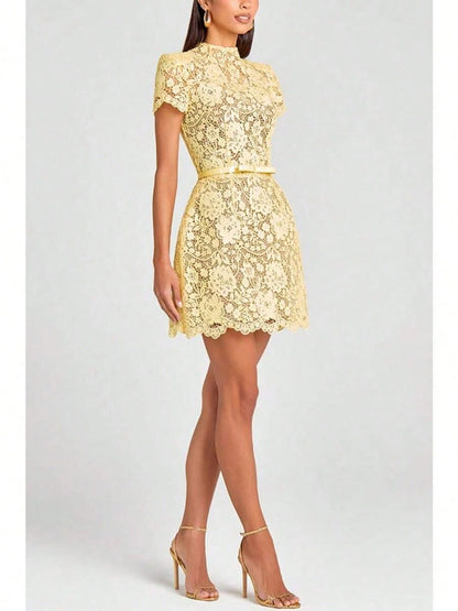 Summer Dresses For WomenWomen's Fresh Classical And Elegant Mini Dress- Yellow Sheer Floral Lace Mock Neck Short-Sleeve Ruffled Gown, Summer Fashion