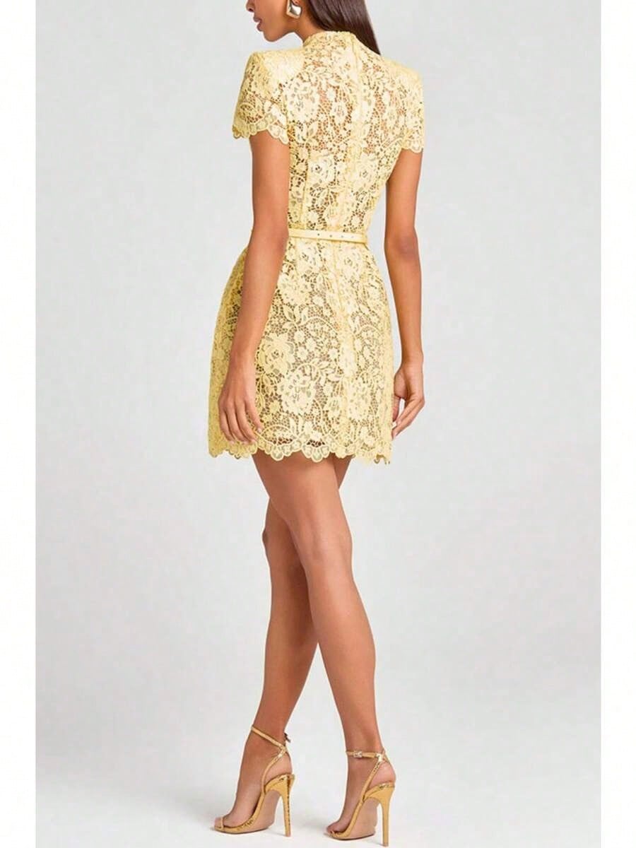 Summer Dresses For WomenWomen's Fresh Classical And Elegant Mini Dress- Yellow Sheer Floral Lace Mock Neck Short-Sleeve Ruffled Gown, Summer Fashion