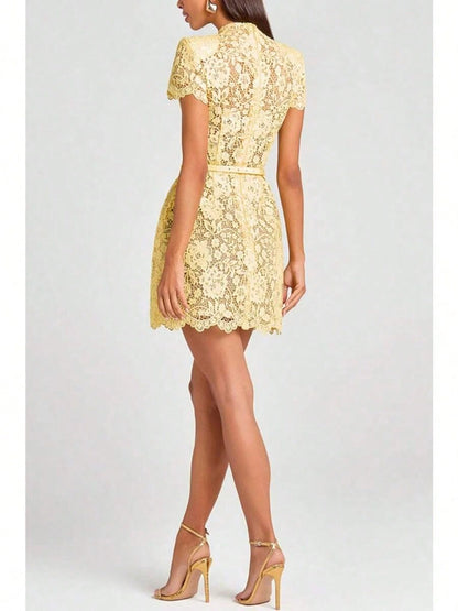Summer Dresses For WomenWomen's Fresh Classical And Elegant Mini Dress- Yellow Sheer Floral Lace Mock Neck Short-Sleeve Ruffled Gown, Summer Fashion